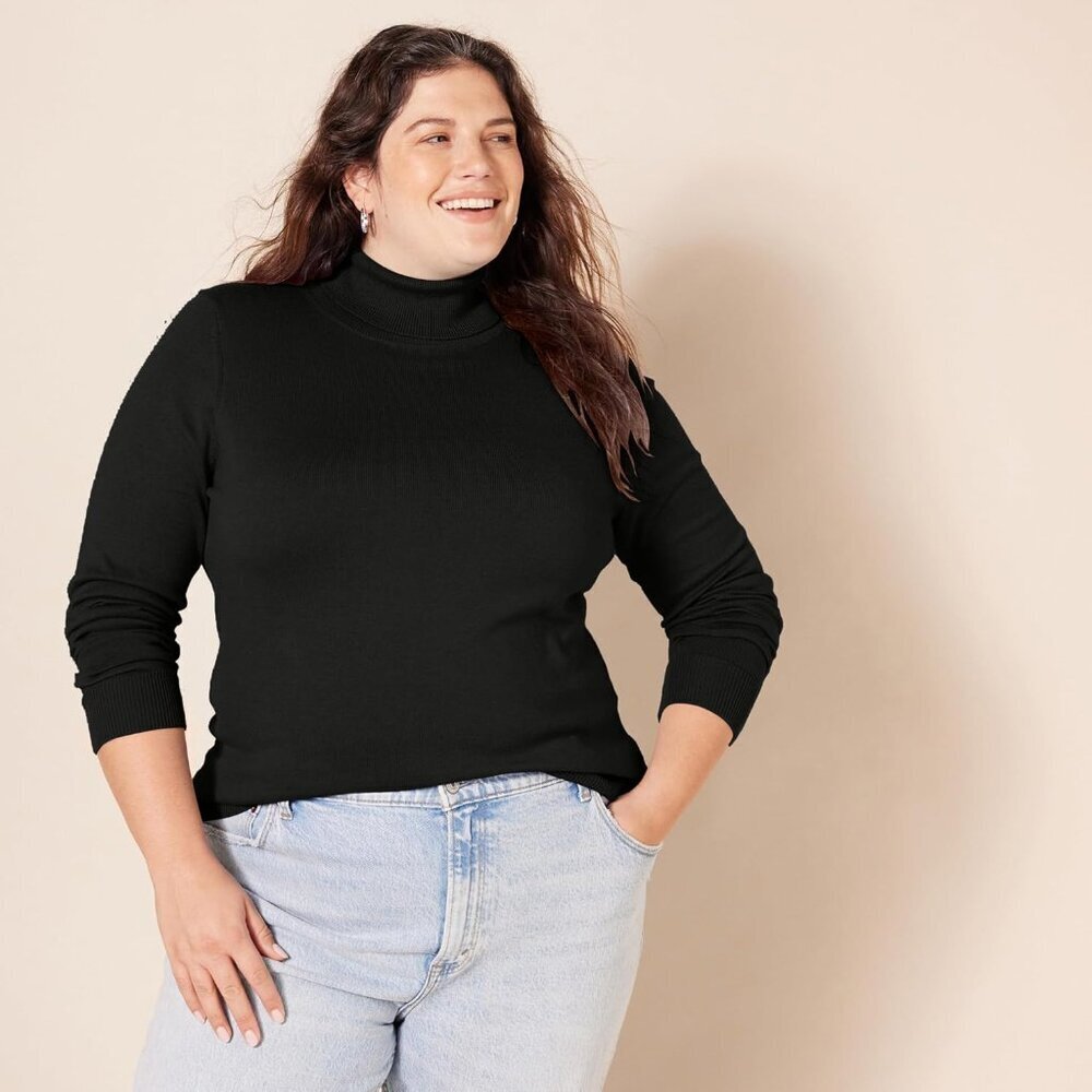 Women's Lightweight Cotton Blend Turtleneck Sweater Plus Size Black - Picture 6 of 8